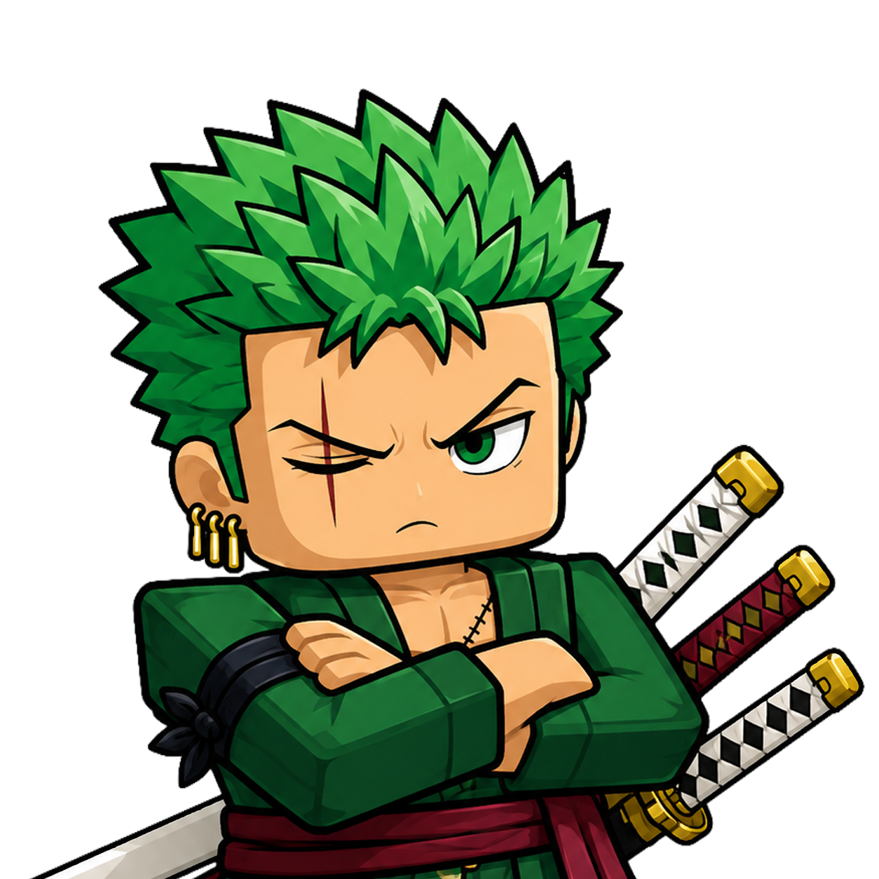 Mascote oficial da ALL BLOX, personagem com cabelo verde e três espadas